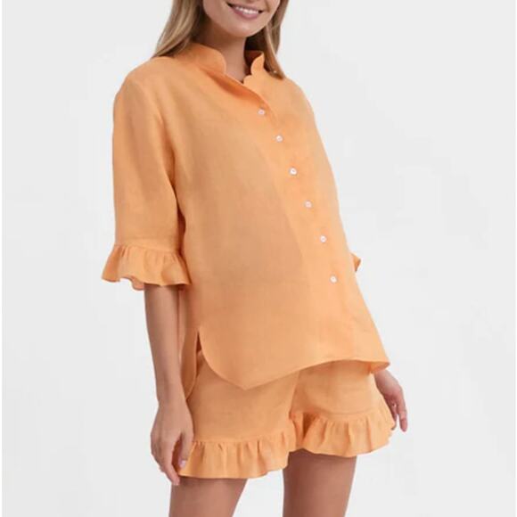 SLEEPER Orange Linen Button Down Top - Picture 9 of 10